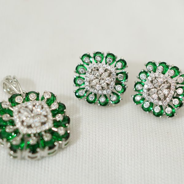 Emerald Cube Earrings & Pendant Set