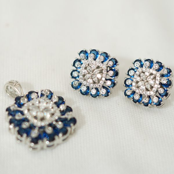 Blue Stone Cube Earrings & Pendant Set
